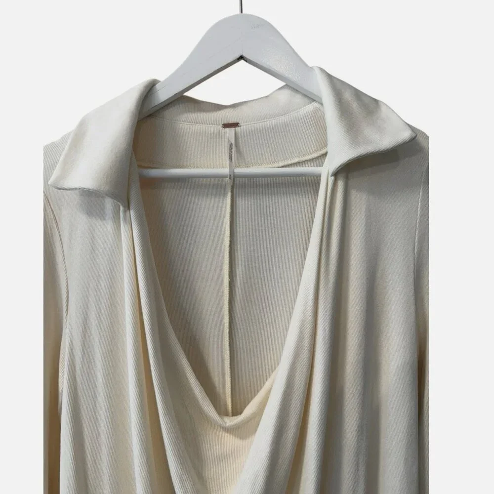 Free People Ribbed Cream Cowl Drape Neck Fitted Stretch Mini Dress size M